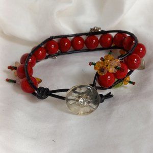 Woven Bracelet with Red Fossil Beads, Flowers, Bees! with Vintage Button
